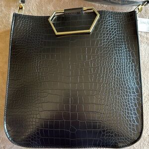NWT Black faux croc shoulder bag with gold hardware